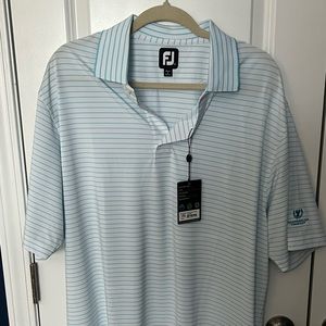 Footjoy golf polo, white with light blue stripes.